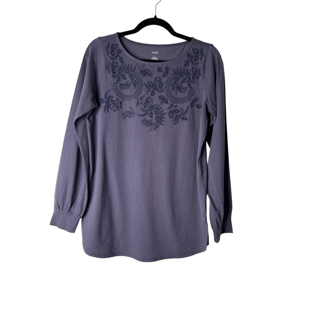 Pure Jill Embroidered Neckline Tunic XS 100% Cotton Purple‎ Floral Long Sleeve